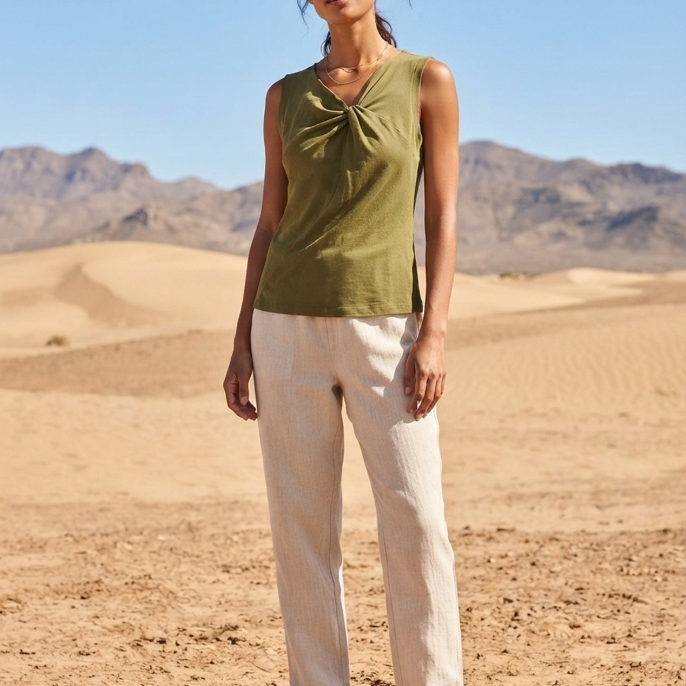 Sleeveless Olive Knot-Front Tank Top